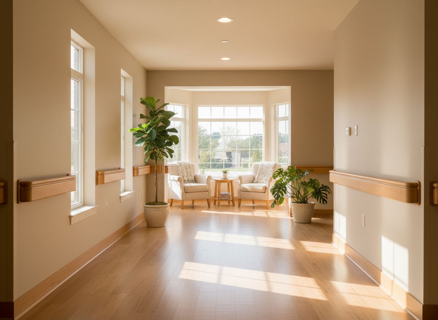 A bright assisted-living corridor with wooden handrails, sunlit seating by a bay window
