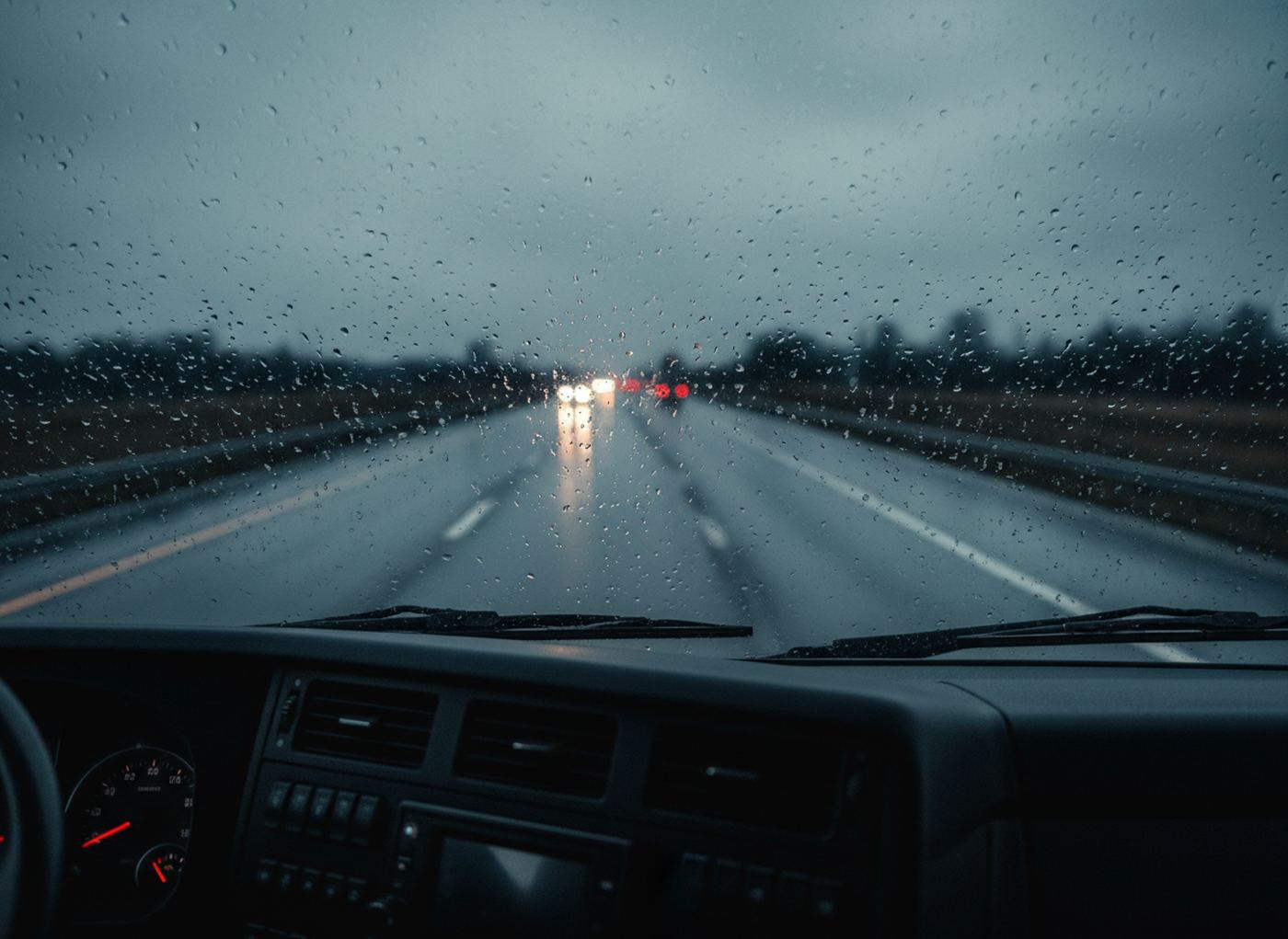 View through a rain-flecked truck windshield on a highway at dusk, tail lights ahead